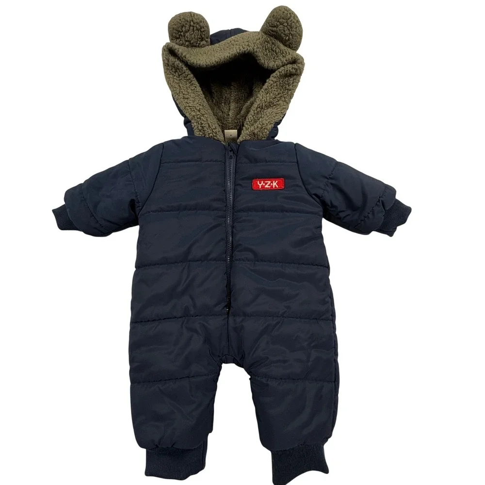 SHEIN Baby Puffer Snowsuit 1‎ 3 Months Navy Blue Bear Hood Winter Outfit Cozy